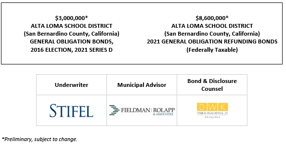 FIRST SUPPLEMENT TO PRELIMINARY OFFICIAL STATEMENT relating to $3,000,000 ALTA LOMA SCHOOL DISTRICT (San Bernardino County, California) GENERAL OBLIGATION BONDS, 2016 ELECTION, 2021 SERIES D (Bank Qualified) $8,600,000 ALTA LOMA SCHOOL DISTRICT (San Bernardino County, California) 2021 GENERAL OBLIGATION REFUNDING BONDS (Federally Taxable) IST SUPPLEMENT TO POS POSTED 10-29-21