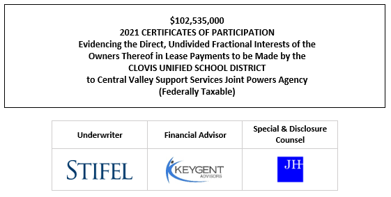 $102,535,000 2021 CERTIFICATES OF PARTICIPATION Evidencing the Direct, Undivided Fractional Interests of the Owners Thereof in Lease Payments to be Made by the CLOVIS UNIFIED SCHOOL DISTRICT to Central Valley Support Services Joint Powers Agency (Federally Taxable) SUPPLEMENT POSTED 11-12-21