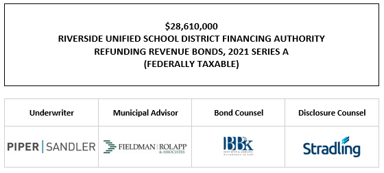 $28,610,000 RIVERSIDE UNIFIED SCHOOL DISTRICT FINANCING AUTHORITY REFUNDING REVENUE BONDS, 2021 SERIES A (FEDERALLY TAXABLE) FOS POSTED 11-5-21