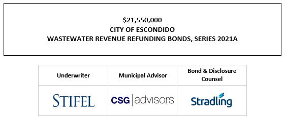 $21,550,000 CITY OF ESCONDIDO WASTEWATER REVENUE REFUNDING BONDS, SERIES 2021A OS POSTED 11-16-21