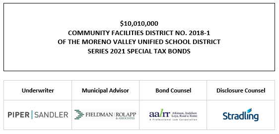 $10,010,000 COMMUNITY FACILITIES DISTRICT NO. 2018-1 OF THE MORENO VALLEY UNIFIED SCHOOL DISTRICT SERIES 2021 SPECIAL TAX BONDS FOS POSTED 11-12-21