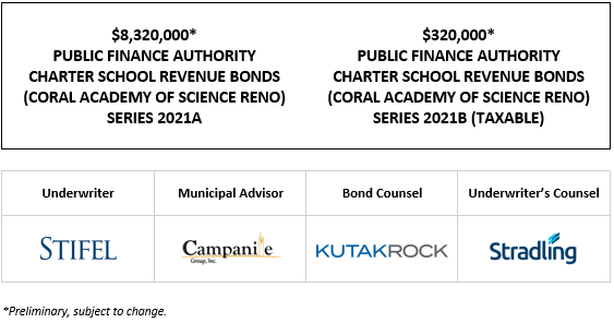 $8,320,000* PUBLIC FINANCE AUTHORITY CHARTER SCHOOL REVENUE BONDS (CORAL ACADEMY OF SCIENCE RENO) SERIES 2021A $320,000* PUBLIC FINANCE AUTHORITY CHARTER SCHOOL REVENUE BONDS (CORAL ACADEMY OF SCIENCE RENO) SERIES 2021B (TAXABLE) PLOM + INVESTOR PRESENTATION POSTED 11-4-21