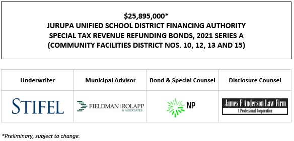 $25,895,000* JURUPA UNIFIED SCHOOL DISTRICT FINANCING AUTHORITY SPECIAL TAX REVENUE REFUNDING BONDS, 2021 SERIES A (COMMUNITY FACILITIES DISTRICT NOS. 10, 12, 13 AND 15) POS POSTED 11-10-21
