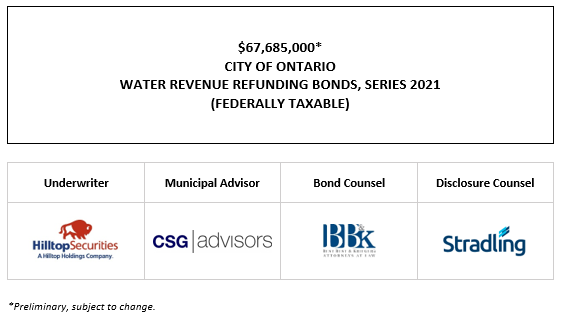 $67,685,000* CITY OF ONTARIO WATER REVENUE REFUNDING BONDS, SERIES 2021 (FEDERALLY TAXABLE POS POSTED 11-18-21