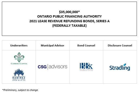 $35,000,000* ONTARIO PUBLIC FINANCING AUTHORITY 2021 LEASE REVENUE REFUNDING BONDS, SERIES A (FEDERALLY TAXABLE) POS POSTED 11-18-21