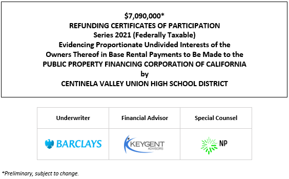 $7,090,000* REFUNDING CERTIFICATES OF PARTICIPATION Series 2021 (Federally Taxable) Evidencing Proportionate Undivided Interests of the Owners Thereof in Base Rental Payments to Be Made to the PUBLIC PROPERTY FINANCING CORPORATION OF CALIFORNIA by CENTINELA VALLEY UNION HIGH SCHOOL DISTRICT POS POSTED 11-19-21