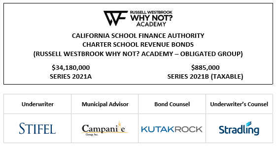 CALIFORNIA SCHOOL FINANCE AUTHORITY CHARTER SCHOOL REVENUE BONDS (RUSSELL WESTBROOK WHY NOT? ACADEMY – OBLIGATED GROUP) $34,180,000 SERIES 2021A $885,000 SERIES 2021B (TAXABLE) LOM POSTED 12-10-21
