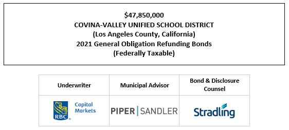 $47,850,000 COVINA-VALLEY UNIFIED SCHOOL DISTRICT (Los Angeles County, California) 2021 General Obligation Refunding Bonds (Federally Taxable) FOS POSTED 12-21-21