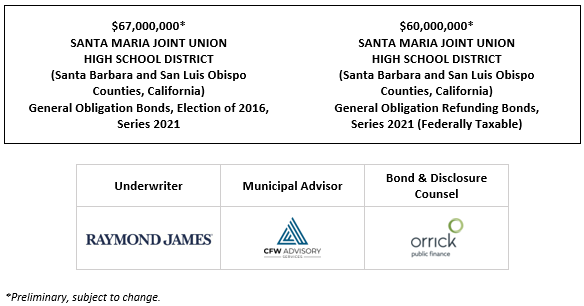 $67,000,000* SANTA MARIA JOINT UNION HIGH SCHOOL DISTRICT (Santa Barbara and San Luis Obispo Counties, California) General Obligation Bonds, Election of 2016, Series 2021 $60,000,000* SANTA MARIA JOINT UNION HIGH SCHOOL DISTRICT (Santa Barbara and San Luis Obispo Counties, California) General Obligation Refunding Bonds, Series 2021 (Federally Taxable) POS POSTED 12-1-21