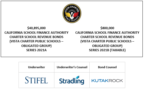 $40,895,000 CALIFORNIA SCHOOL FINANCE AUTHORITY CHARTER SCHOOL REVENUE BONDS (VISTA CHARTER PUBLIC SCHOOLS – OBLIGATED GROUP) SERIES 2021A $800,000 CALIFORNIA SCHOOL FINANCE AUTHORITY CHARTER SCHOOL REVENUE BONDS (VISTA CHARTER PUBLIC SCHOOLS – OBLIGATED GROUP) SERIES 2021B (TAXABLE) LOM POSTED 12-20-21