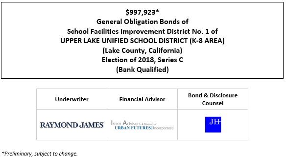 $997,923* General Obligation Bonds of School Facilities Improvement District No. 1 of UPPER LAKE UNIFIED SCHOOL DISTRICT (K-8 AREA) (Lake County, California) Election of 2018, Series C (Bank Qualified) POS POSTED 1-19-22