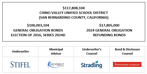 $117,808,104 CHINO VALLEY UNIFIED SCHOOL DISTRICT (SAN BERNARDINO COUNTY, CALIFORNIA) $100,003,104 GENERAL OBLIGATION BONDS ELECTION OF 2016, SERIES 2024D $17,805,000 2024 GENERAL OBLIGATION REFUNDING BONDS FOS POSTED 4-11-24