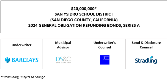 $20,000,000* SAN YSIDRO SCHOOL DISTRICT (SAN DIEGO COUNTY, CALIFORNIA) 2024 GENERAL OBLIGATION REFUNDING BONDS, SERIES A POS POSTED 4-4-24