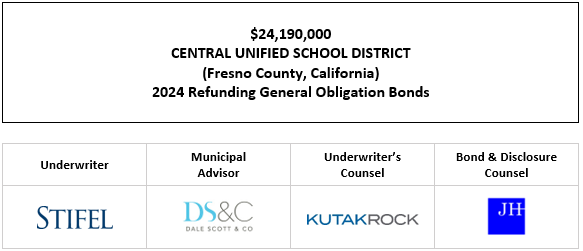 $24,190,000 CENTRAL UNIFIED SCHOOL DISTRICT (Fresno County, California) 2024 Refunding General Obligation Bonds FOS POSTED 4-25-24