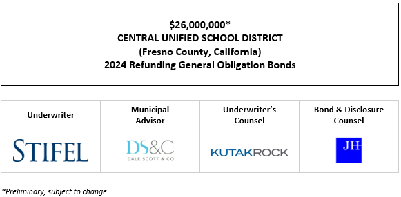 $26,000,000* CENTRAL UNIFIED SCHOOL DISTRICT (Fresno County, California) 2024 Refunding General Obligation Bonds POS POSTED 4-11-24