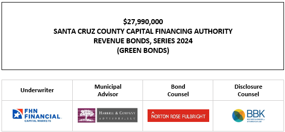 $27,990,000 SANTA CRUZ COUNTY CAPITAL FINANCING AUTHORITY REVENUE BONDS, SERIES 2024 (GREEN BONDS) FOS POSTED 4-22-24