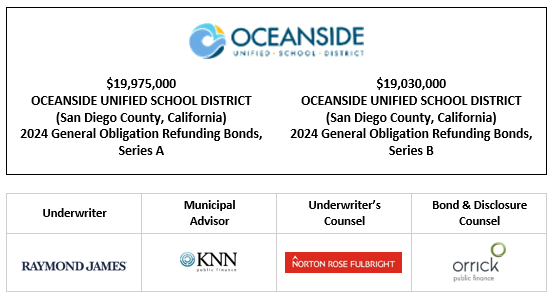 $19,975,000 OCEANSIDE UNIFIED SCHOOL DISTRICT (San Diego County, California) 2024 General Obligation Refunding Bonds, Series A $19,030,000 OCEANSIDE UNIFIED SCHOOL DISTRICT (San Diego County, California) 2024 General Obligation Refunding Bonds, Series B FOS POSTED 5-14-24