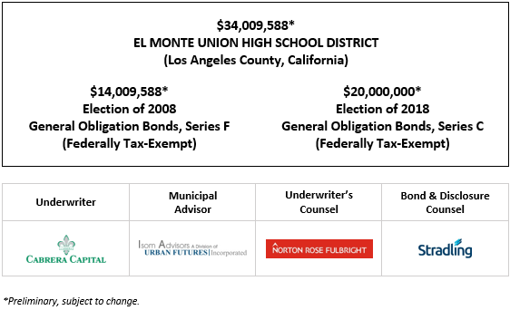$34,009,588* EL MONTE UNION HIGH SCHOOL DISTRICT (Los Angeles County, California) $14,009,588* Election of 2008 General Obligation Bonds, Series F (Federally Tax-Exempt) $20,000,000* Election of 2018 General Obligation Bonds, Series C (Federally Tax-Exempt) POS POSTED 5-1-24