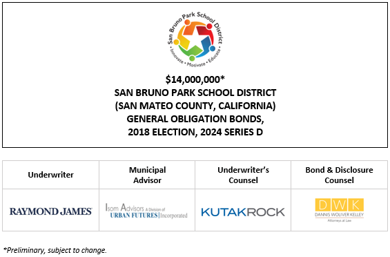 $14,000,000* SAN BRUNO PARK SCHOOL DISTRICT (SAN MATEO COUNTY, CALIFORNIA) GENERAL OBLIGATION BONDS, 2018 ELECTION, 2024 SERIES D POS POSTED 5-8-24