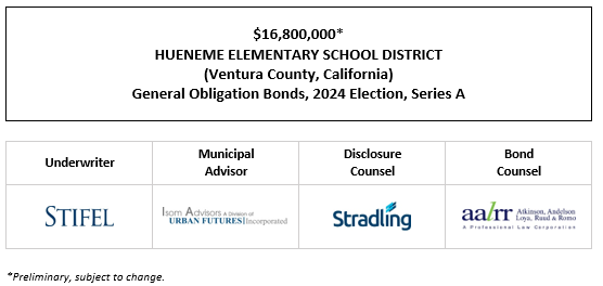 $16,800,000* HUENEME ELEMENTARY SCHOOL DISTRICT (Ventura County, California) General Obligation Bonds, 2024 Election, Series A POS POSTED 5-15-24