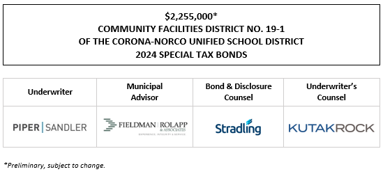 $2,255,000* COMMUNITY FACILITIES DISTRICT NO. 19-1 OF THE CORONA-NORCO UNIFIED SCHOOL DISTRICT 2024 SPECIAL TAX BONDS POS POSTED 11-26-24