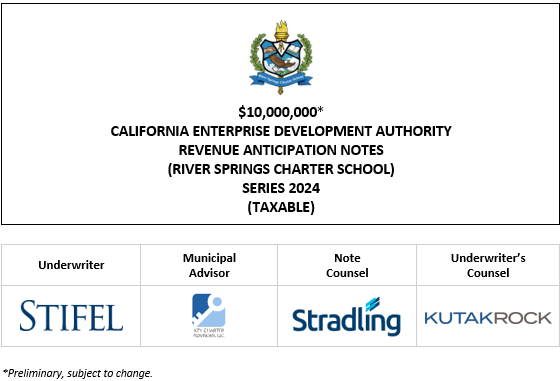 $10,000,000∗ CALIFORNIA ENTERPRISE DEVELOPMENT AUTHORITY REVENUE ANTICIPATION NOTES (RIVER SPRINGS CHARTER SCHOOL) SERIES 2024 (TAXABLE) PLOM POSTED 12-5-24