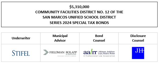 $5,310,000 COMMUNITY FACILITIES DISTRICT NO. 12 OF THE SAN MARCOS UNIFIED SCHOOL DISTRICT SERIES 2024 SPECIAL TAX BONDS  FOS POSTED  12-9-24