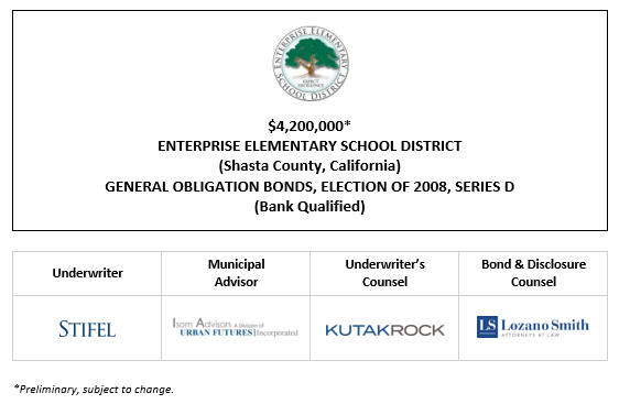 $4,200,000* ENTERPRISE ELEMENTARY SCHOOL DISTRICT (Shasta County, California) GENERAL OBLIGATION BONDS, ELECTION OF 2008, SERIES D (Bank Qualified) POS POSTED 12-5-24