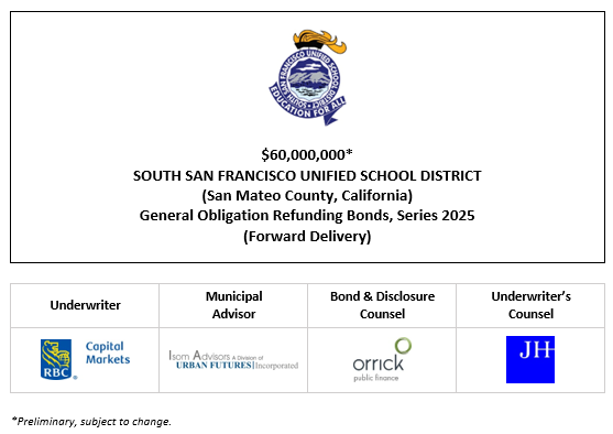 $60,000,000* SOUTH SAN FRANCISCO UNIFIED SCHOOL DISTRICT (San Mateo County, California) General Obligation Refunding Bonds, Series 2025 (Forward Delivery) POS POSTED 1-15-25