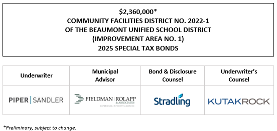 $2,360,000* COMMUNITY FACILITIES DISTRICT NO. 2022-1 OF THE BEAUMONT UNIFIED SCHOOL DISTRICT (IMPROVEMENT AREA NO. 1) 2025 SPECIAL TAX BONDS POS POSTED 1-21-25