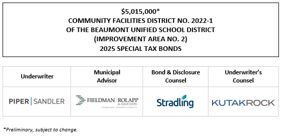 $5,015,000* COMMUNITY FACILITIES DISTRICT NO. 2022-1 OF THE BEAUMONT UNIFIED SCHOOL DISTRICT (IMPROVEMENT AREA NO. 2) 2025 SPECIAL TAX BONDS POS POSTED 1-21-25