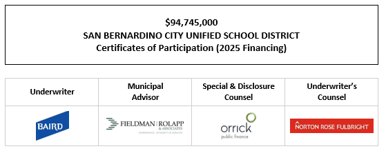 $94,745,000 SAN BERNARDINO CITY UNIFIED SCHOOL DISTRICT Certificates of Participation (2025 Financing) FOS POSTED 4-17-25