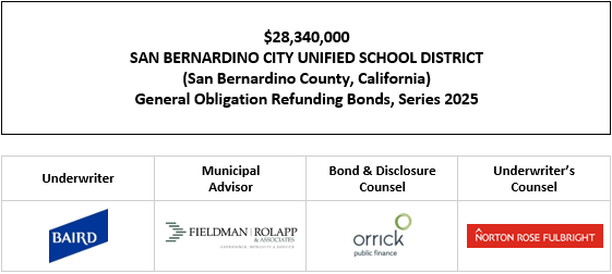 $28,340,000 SAN BERNARDINO CITY UNIFIED SCHOOL DISTRICT (San Bernardino County, California) General Obligation Refunding Bonds, Series 2025 FOS POSTED 4-17-25