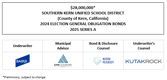 $28,000,000* SOUTHERN KERN UNIFIED SCHOOL DISTRICT (County of Kern, California) 2024 ELECTION GENERAL OBLIGATION BONDS 2025 SERIES A POS POSTING 4-16-25