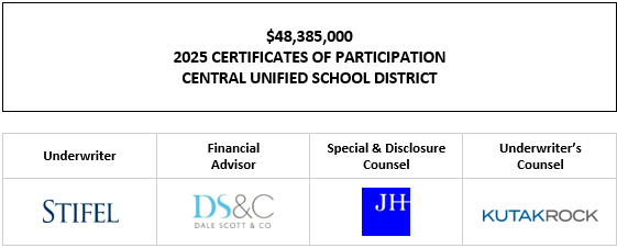 $48,385,000 2025 CERTIFICATES OF PARTICIPATION Evidencing the Direct, Undivided Fractional Interests of the Owners Thereof in Lease Payments to be Made by the CENTRAL UNIFIED SCHOOL DISTRICT to the Public Property Financing Corporation of California FOS POSTED 5-15-25