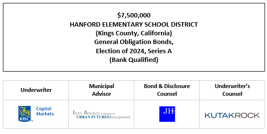 $7,500,000 HANFORD ELEMENTARY SCHOOL DISTRICT (Kings County, California) General Obligation Bonds, Election of 2024, Series A (Bank Qualified) FOS POSTED 5-22-25