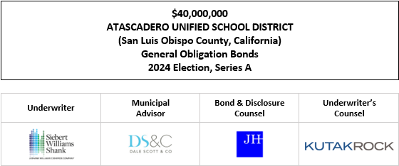 $40,000,000 ATASCADERO UNIFIED SCHOOL DISTRICT (San Luis Obispo County, California) General Obligation Bonds 2024 Election, Series A FOS POSTED 5-28-25