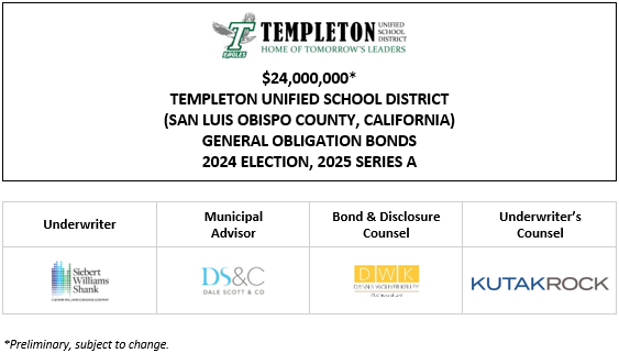 $24,000,000* TEMPLETON UNIFIED SCHOOL DISTRICT (SAN LUIS OBISPO COUNTY, CALIFORNIA) GENERAL OBLIGATION BONDS 2024 ELECTION, 2025 SERIES A POS POSTED 5-15-25