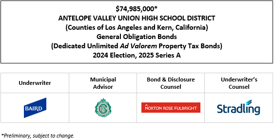 $74,985,000* ANTELOPE VALLEY UNION HIGH SCHOOL DISTRICT (Counties of Los Angeles and Kern, California) General Obligation Bonds (Dedicated Unlimited Ad Valorem Property Tax Bonds) 2024 Election, 2025 Series A POS POSTED 5-16-25
