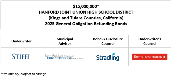 $15,000,000* HANFORD JOINT UNION HIGH SCHOOL DISTRICT (Kings and Tulare Counties, California) 2025 General Obligation Refunding Bonds POS POSTED 5-29-25