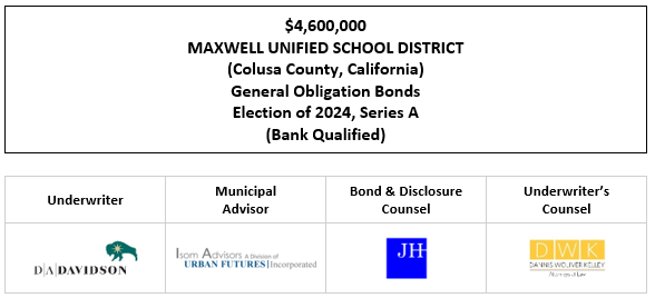 $4,600,000 MAXWELL UNIFIED SCHOOL DISTRICT (Colusa County, California) General Obligation Bonds Election of 2024, Series A (Bank Qualified) FOS POSTED 5-14-25
