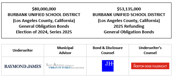 $80,000,000 BURBANK UNIFIED SCHOOL DISTRICT (Los Angeles County, California) General Obligation Bonds Election of 2024, Series 2025 $53,135,000 BURBANK UNIFIED SCHOOL DISTRICT (Los Angeles County, California) 2025 Refunding General Obligation Bonds FOS POSTED 5-22-25