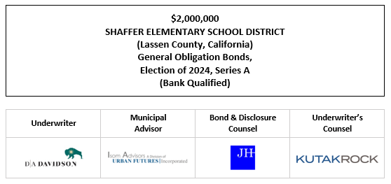 $2,000,000 SHAFFER ELEMENTARY SCHOOL DISTRICT (Lassen County, California) General Obligation Bonds, Election of 2024, Series A (Bank Qualified) FOS POSTED 5-21-25