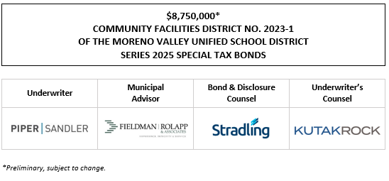 $8,750,000* COMMUNITY FACILITIES DISTRICT NO. 2023-1 OF THE MORENO VALLEY UNIFIED SCHOOL DISTRICT SERIES 2025 SPECIAL TAX BONDS POS POSTED 5-12-25