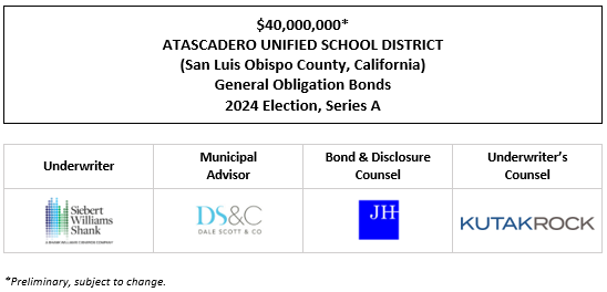 $40,000,000* ATASCADERO UNIFIED SCHOOL DISTRICT (San Luis Obispo County, California) General Obligation Bonds 2024 Election, Series A POS POSTED 5-13-25