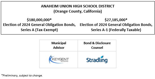 ANAHEIM UNION HIGH SCHOOL DISTRICT (Orange County, California) $180,000,000* Election of 2024 General Obligation Bonds, Series A (Tax-Exempt) $27,185,000* Election of 2024 General Obligation Bonds, Series A-1 (Federally Taxable) POS + NIP (Series A) + NIP (Series A-1) POSTED 5-30-25