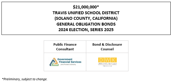 $21,000,000* TRAVIS UNIFIED SCHOOL DISTRICT (SOLANO COUNTY, CALIFORNIA) GENERAL OBLIGATION BONDS 2024 ELECTION, SERIES 2025 POS + BPA POSTED 5-13-25