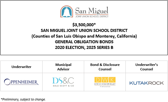 $3,500,000* SAN MIGUEL JOINT UNION SCHOOL DISTRICT (Counties of San Luis Obispo and Monterey, California) GENERAL OBLIGATION BONDS 2020 ELECTION, 2025 SERIES B POS POSTED 6-3-25