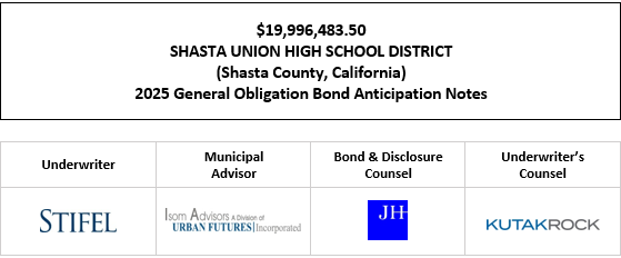 $19,996,483.50 SHASTA UNION HIGH SCHOOL DISTRICT (Shasta County, California) 2025 General Obligation Bond Anticipation Notes FOS POSTED 6-18-25