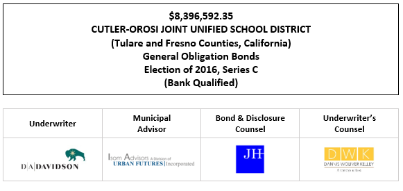 $8,396,592.35 CUTLER-OROSI JOINT UNIFIED SCHOOL DISTRICT (Tulare and Fresno Counties, California) General Obligation Bonds Election of 2016, Series C (Bank Qualified) FOS POSTED 6-18-25